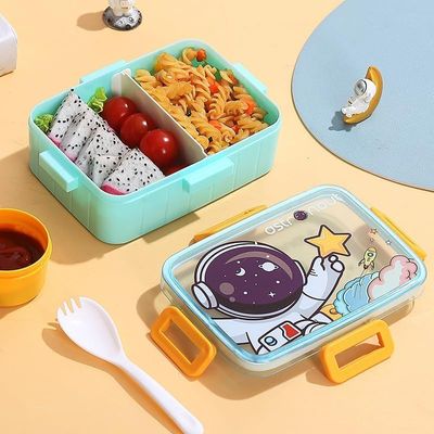 Twisoo Cute Cartoon Pattern Plastic Lunch Box for Kids, BPA-Free Bento Tiffin Box with 2 Compartments, Leakproof Lunch Container with Soup Box & Spoon, Ideal for School & Travel (Astronaut)