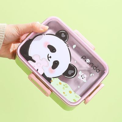 Twisoo Cute Cartoon Pattern Plastic Lunch Box for Kids, BPA-Free Bento Tiffin Box with 2 Compartments, Leakproof Lunch Container with Soup Box & Spoon, Ideal for School & Travel (Panda)