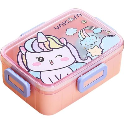 Twisoo Cute Cartoon Pattern Plastic Lunch Box for Kids, BPA-Free Bento Tiffin Box with 2 Compartments, Leakproof Lunch Container with Soup Box & Spoon, Ideal for School & Travel (Unicorn)