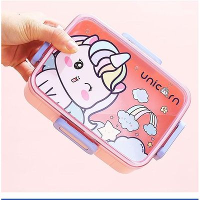 Twisoo Cute Cartoon Pattern Plastic Lunch Box for Kids, BPA-Free Bento Tiffin Box with 2 Compartments, Leakproof Lunch Container with Soup Box & Spoon, Ideal for School & Travel (Unicorn)