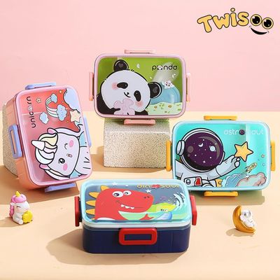 Twisoo Cute Cartoon Pattern Plastic Lunch Box for Kids, BPA-Free Bento Tiffin Box with 2 Compartments, Leakproof Lunch Container with Soup Box & Spoon, Ideal for School & Travel (Unicorn)