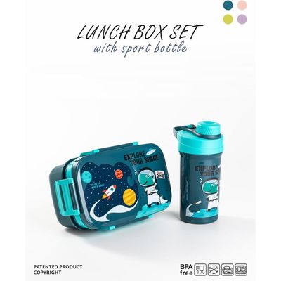 Twisoo Kids Space Lunch Box and Water Bottle Combo Set - 1800ml Leakproof 3-Compartment Lunchbox with Spoon, BPA-Free Food Grade Plastic, 500ml Spillproof Water Bottle for School (Blue)