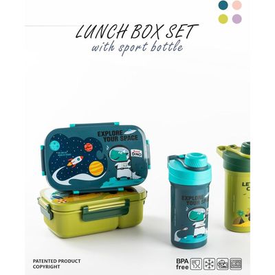 Twisoo Kids Space Lunch Box and Water Bottle Combo Set - 1800ml Leakproof 3-Compartment Lunchbox with Spoon, BPA-Free Food Grade Plastic, 500ml Spillproof Water Bottle for School (Green)