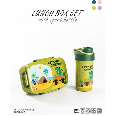 Twisoo Kids Space Lunch Box and Water Bottle Combo Set - 1800ml Leakproof 3-Compartment Lunchbox with Spoon, BPA-Free Food Grade Plastic, 500ml Spillproof Water Bottle for School (Green)