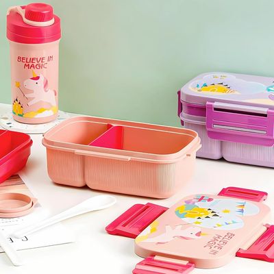Twisoo Kids Space Lunch Box and Water Bottle Combo Set - 1800ml Leakproof 3-Compartment Lunchbox with Spoon, BPA-Free Food Grade Plastic, 500ml Spillproof Water Bottle for School (Pink)