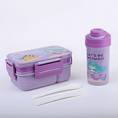 Twisoo Kids Space Lunch Box and Water Bottle Combo Set - 1800ml Leakproof 3-Compartment Lunchbox with Spoon, BPA-Free Food Grade Plastic, 500ml Spillproof Water Bottle for School (Purple)