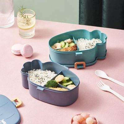 Twisoo Cute Rabbit Lunch Box for Kids - 900ml BPA-Free Food Grade PP, 3 Compartment Leakproof Lunchbox with Spoon & Fork, Clip Lock Spillproof Design, Ideal for School (Gray)