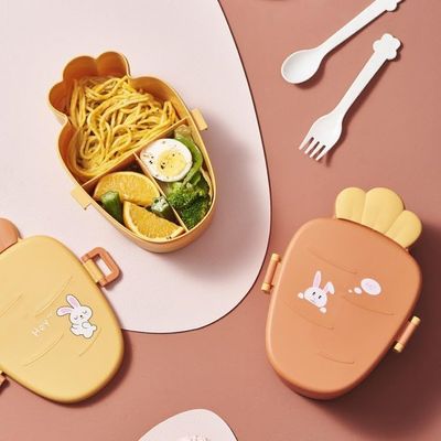 Twisoo Cute Rabbit Lunch Box for Kids - 900ml BPA-Free Food Grade PP, 3 Compartment Leakproof Lunchbox with Spoon & Fork, Clip Lock Spillproof Design, Ideal for School (Orange)