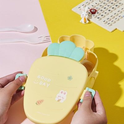 Twisoo Cute Rabbit Lunch Box for Kids - 900ml BPA-Free Food Grade PP, 3 Compartment Leakproof Lunchbox with Spoon & Fork, Clip Lock Spillproof Design, Ideal for School (Yellow)
