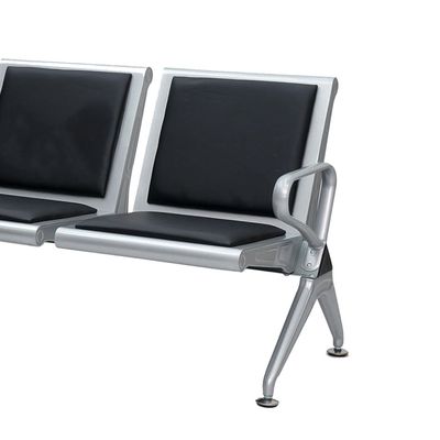 3-Seat Airport Reception Bench, 174x75x40 cm, Silver Frame with Black Cushions, Heavy-Duty Metal Base