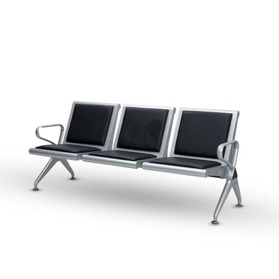 3-Seat Airport Reception Bench, 174x75x40 cm, Silver Frame with Black Cushions, Heavy-Duty Metal Base