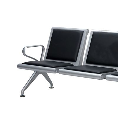 3-Seat Airport Reception Bench, 174x75x40 cm, Silver Frame with Black Cushions, Heavy-Duty Metal Base