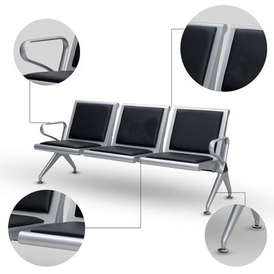 3-Seat Airport Reception Bench, 174x75x40 cm, Silver Frame with Black Cushions, Heavy-Duty Metal Base