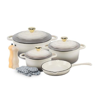 Healthy And Safe Non-Stick Enameled Cast Iron 7-Piece Dutch Oven Cookware Set With Gloves And 2-Piece Mills. Includes: 24Cm Dutch Oven Fry Pan, 18Cm, 21Cm, And 24Cm Dutch Ovens With Lids, Gloves, And 2-Piece Mills. - Cream Healthy And Safe Non-Stick Enameled Cast Iron 7-Piece Dutch Oven Cookware Set With Gloves And 2-Piece Mills. Includes: 24Cm Dutch Oven Fry Pan, 18Cm, 21Cm, And 24Cm Dutch Ovens With Lids, Gloves, And 2-Piece Mills. - Cream