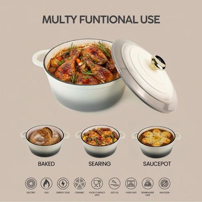 Healthy And Safe Non-Stick Enameled Cast Iron 7-Piece Dutch Oven Cookware Set With Gloves And 2-Piece Mills. Includes: 24Cm Dutch Oven Fry Pan, 18Cm, 21Cm, And 24Cm Dutch Ovens With Lids, Gloves, And 2-Piece Mills. - Cream