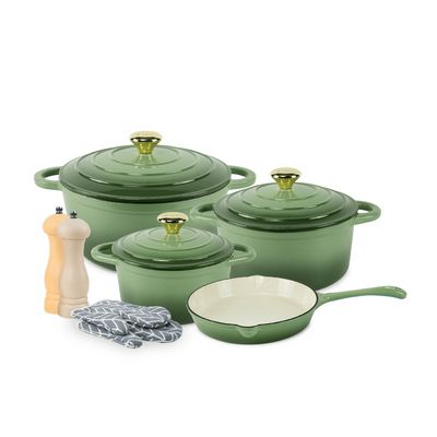Healthy And Safe Non-Stick Enameled Cast Iron 7-Piece Dutch Oven Cookware Set With Gloves And 2-Piece Mills. Includes: 24Cm Dutch Oven Fry Pan, 18Cm, 21Cm, And 24Cm Dutch Ovens With Lids, Gloves, And 2-Piece Mills. - Green Healthy And Safe Non-Stick Enameled Cast Iron 7-Piece Dutch Oven Cookware Set With Gloves And 2-Piece Mills. Includes: 24Cm Dutch Oven Fry Pan, 18Cm, 21Cm, And 24Cm Dutch Ovens With Lids, Gloves, And 2-Piece Mills. - Green