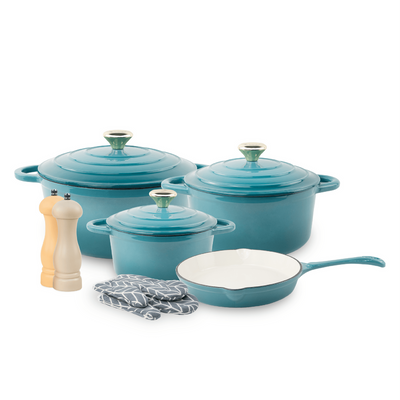 Healthy And Safe Non-Stick Enameled Cast Iron 7-Piece Dutch Oven Cookware Set With Gloves And 2-Piece Mills. Includes: 24Cm Dutch Oven Fry Pan, 18Cm, 21Cm, And 24Cm Dutch Ovens With Lids, Gloves, And 2-Piece Mills. - Teal Healthy And Safe Non-Stick Enameled Cast Iron 7-Piece Dutch Oven Cookware Set With Gloves And 2-Piece Mills. Includes: 24Cm Dutch Oven Fry Pan, 18Cm, 21Cm, And 24Cm Dutch Ovens With Lids, Gloves, And 2-Piece Mills. - Teal