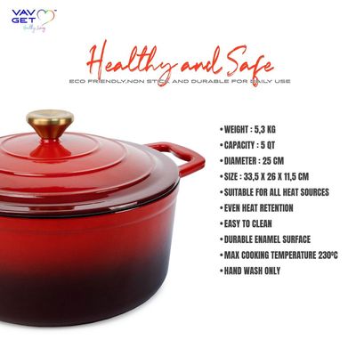 Enameled Cast Iron Casserole Dish With Lid - 5 Quart Enamel Cookware Pot - Enameled Cast Iron Dutch Oven With Lid - Red