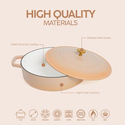 Enameled Cast Iron Dutch Oven Braiser. 28Cm, 3.79L, Beige, Induction & All Hob Compatible, Oven & Grill Safe - Peach