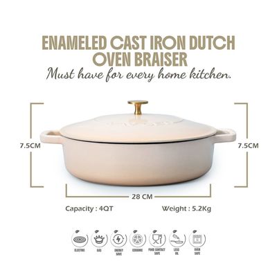 Enameled Cast Iron Dutch Oven Braiser. 28Cm, 3.79L, Beige, Induction & All Hob Compatible, Oven & Grill Safe - Peach