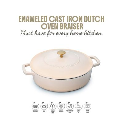 Enameled Cast Iron Dutch Oven Braiser. 28Cm, 3.79L, Beige, Induction & All Hob Compatible, Oven & Grill Safe - Peach