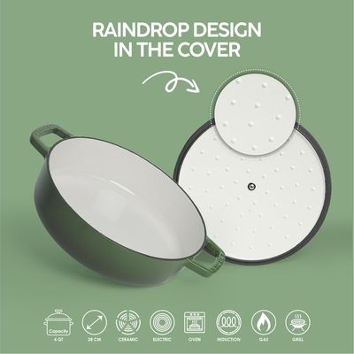 Enameled Cast Iron Dutch Oven Braiser. 28Cm, 3.79L, Olive Green, Induction & All Hob Compatible, Oven & Grill Safe - Olive Green