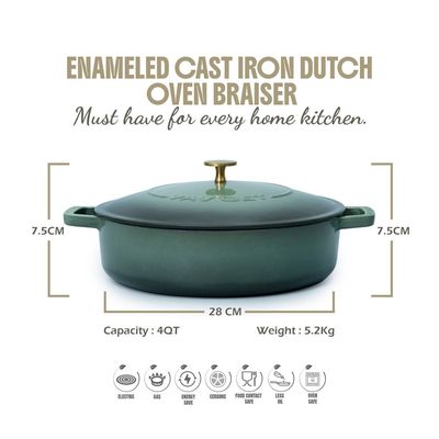 Enameled Cast Iron Dutch Oven Braiser. 28Cm, 3.79L, Olive Green, Induction & All Hob Compatible, Oven & Grill Safe - Olive Green
