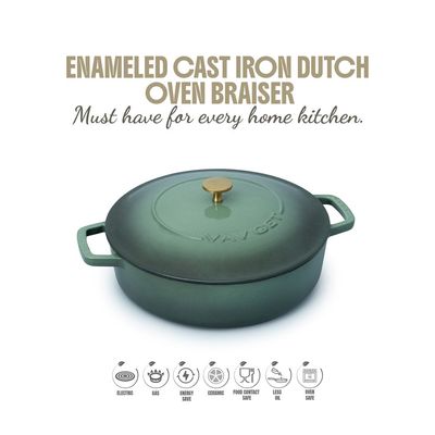 Enameled Cast Iron Dutch Oven Braiser. 28Cm, 3.79L, Olive Green, Induction & All Hob Compatible, Oven & Grill Safe - Olive Green