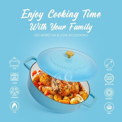 Enameled Cast Iron Dutch Oven Braiser. 28Cm, 3.79L, Ocean Blue, Induction & All Hob Compatible, Oven & Grill Safe - Ocean Blue