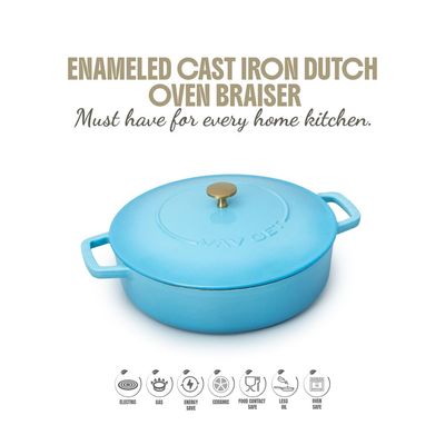 Enameled Cast Iron Dutch Oven Braiser. 28Cm, 3.79L, Ocean Blue, Induction & All Hob Compatible, Oven & Grill Safe - Ocean Blue