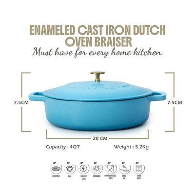 Enameled Cast Iron Dutch Oven Braiser. 28Cm, 3.79L, Ocean Blue, Induction & All Hob Compatible, Oven & Grill Safe - Ocean Blue