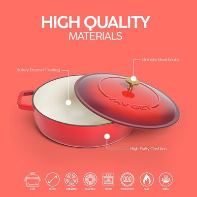Enameled Cast Iron Dutch Oven Braiser. 28Cm, 3.79L, Cherry Red, Induction & All Hob Compatible, Oven & Grill Safe - Cherry Red