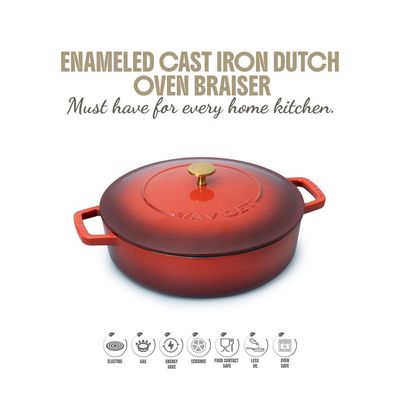 Enameled Cast Iron Dutch Oven Braiser. 28Cm, 3.79L, Cherry Red, Induction & All Hob Compatible, Oven & Grill Safe - Cherry Red