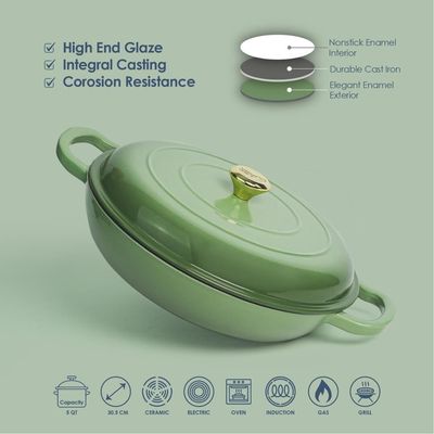 Enameled Cast Iron Dutch Oven Shallow Casserole 12-Inch - Green