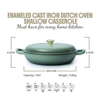 Enameled Cast Iron Dutch Oven Shallow Casserole 12-Inch - Green