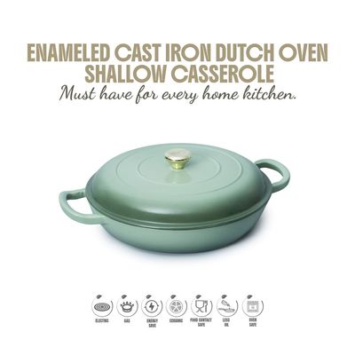 Enameled Cast Iron Dutch Oven Shallow Casserole 12-Inch - Green