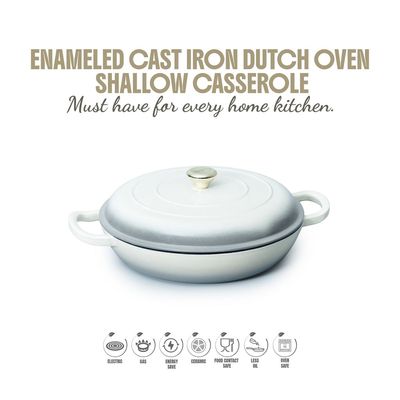 Enameled Cast Iron Dutch Oven Shallow Casserole 12-Inch - Cream