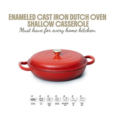Enameled Cast Iron Dutch Oven Shallow Casserole 12-Inch - Red