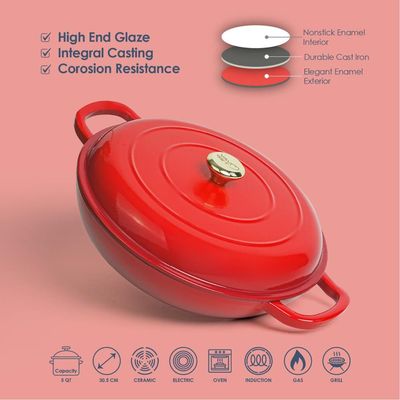 Enameled Cast Iron Dutch Oven Shallow Casserole 12-Inch - Red