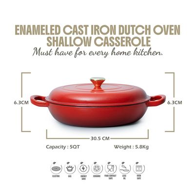 Enameled Cast Iron Dutch Oven Shallow Casserole 12-Inch - Red