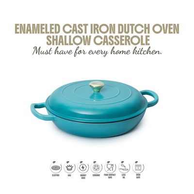 Enameled Cast Iron Dutch Oven Shallow Casserole 12-Inch - Teal
