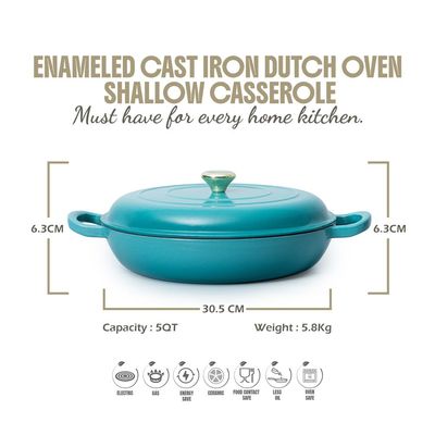Enameled Cast Iron Dutch Oven Shallow Casserole 12-Inch - Teal