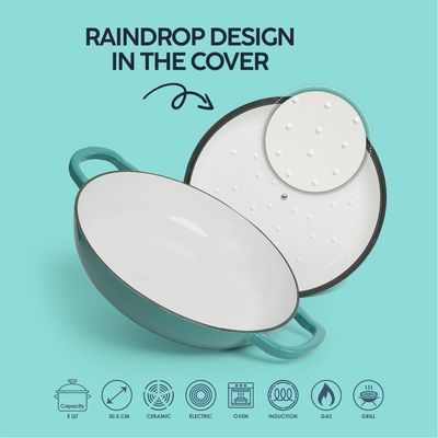 Enameled Cast Iron Dutch Oven Shallow Casserole 12-Inch - Teal