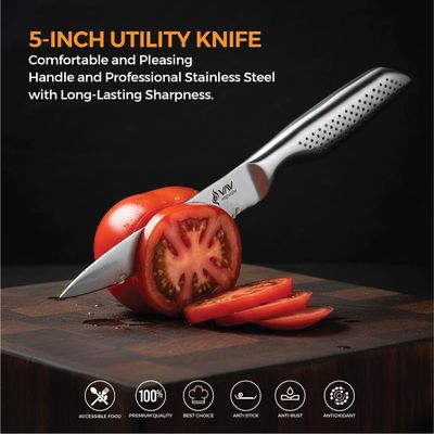 Premium 5-Inch Utility Knife. Comfortable And Pleasing Handle And Professional Stainless Steel With Long-Lasting Sharpness. - Silver