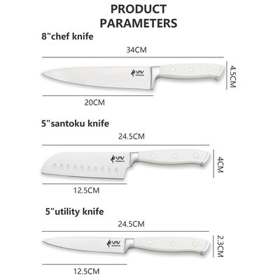Premium 3-Piece Knives Set. Set Includes: 8-Inch Chef, 5-Inch Santoku & Utility Knives. Comfortable White Handle And Professional Stainless Steel With Long-Lasting Sharpness. - White