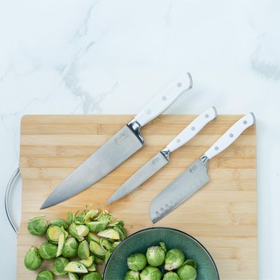 Premium 3-Piece Knives Set. Set Includes: 8-Inch Chef, 5-Inch Santoku & Utility Knives. Comfortable White Handle And Professional Stainless Steel With Long-Lasting Sharpness. - White