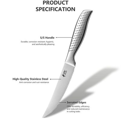 Premium 6-Piece Steak Knives Set. Set Includes: 6-Pieces Of 4.5-Inch Steak Knives. Comfortable And Pleasing Handle And Professional Serrated Stainless Steel With Long-Lasting Sharpness. - Silver