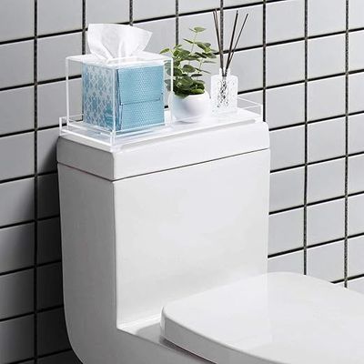 Modern Clear Premium Acrylic Toilet Tank Topper Tray, Bathroom Counter Vanity Toiletry Storage Organizer with Square Tissue Box Cover, 2 Piece Set