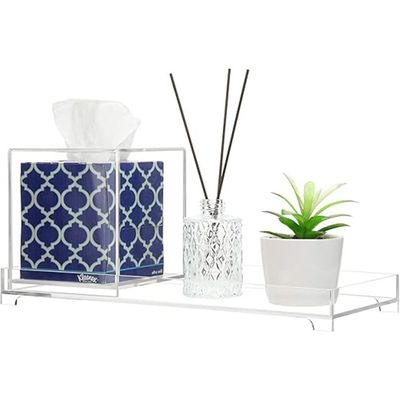 Modern Clear Premium Acrylic Toilet Tank Topper Tray, Bathroom Counter Vanity Toiletry Storage Organizer with Square Tissue Box Cover, 2 Piece Set