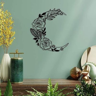 Wooden Wall Art With Self Adhesive Base - Black (Boho Style Moon - Big)